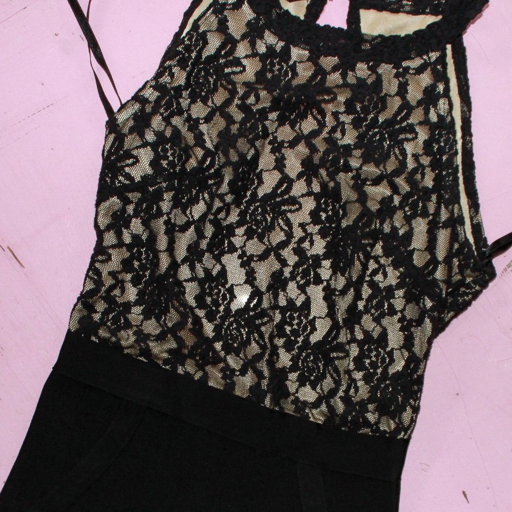 BEBE Black Lace Hi Neck Bandage Bodycon Mini Dress - Picture 3 of 7